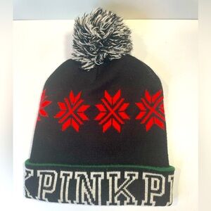 Victoria's Secret PINK Beanie Hat Knit Winter Pom Pom Black Red Snowflakes